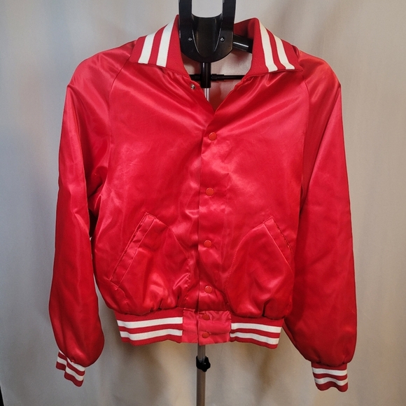 Bright Red Satin Varsity Jacket with Sporty Number Design - Picture 3 of 12